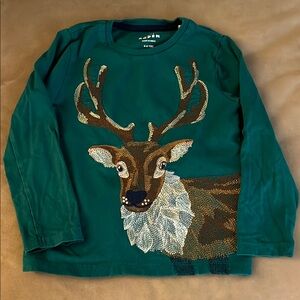 Mini Boden LS Green Kids Shirt with Reindeer Design